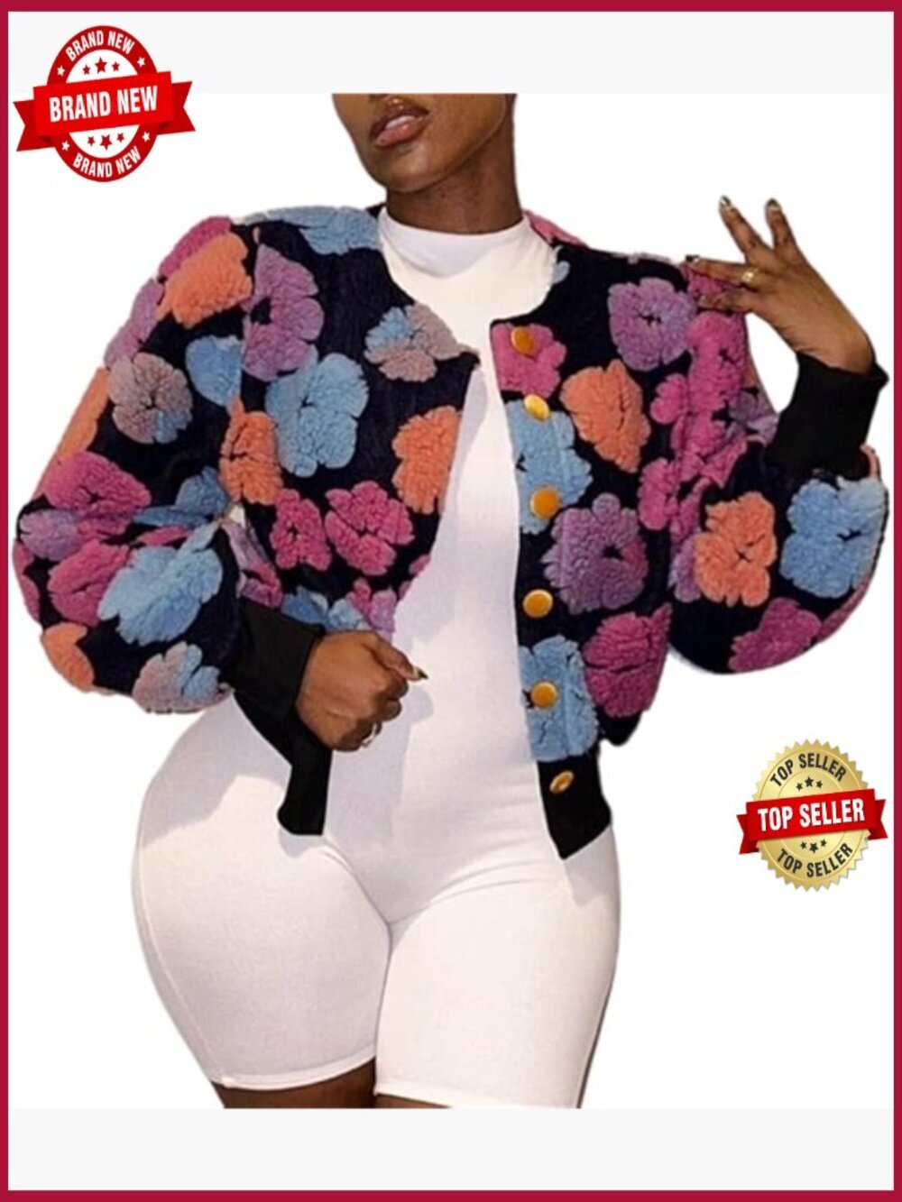 Cropped Floral Print Fleece Bomber Jacket Puff Sleeve Button Down